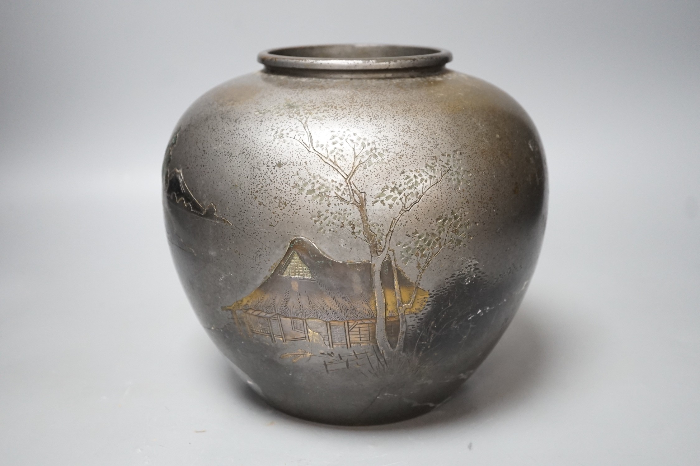 A Japanese mixed metal bronze vase, Meiji period, signed, 19cm